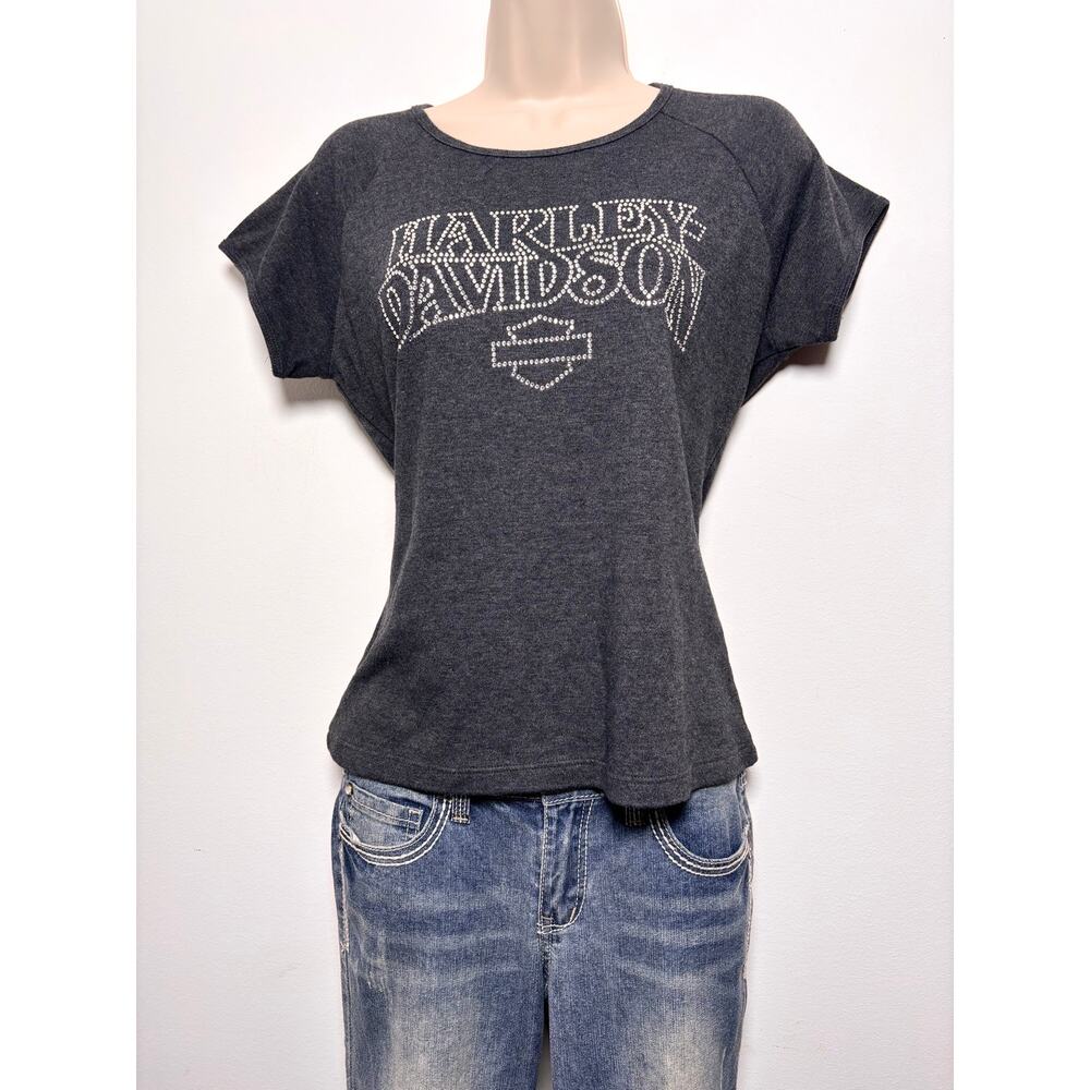 Harley Davidson VTG Y2K Bedazzled Logo Top Charcoal Gray Bikercore